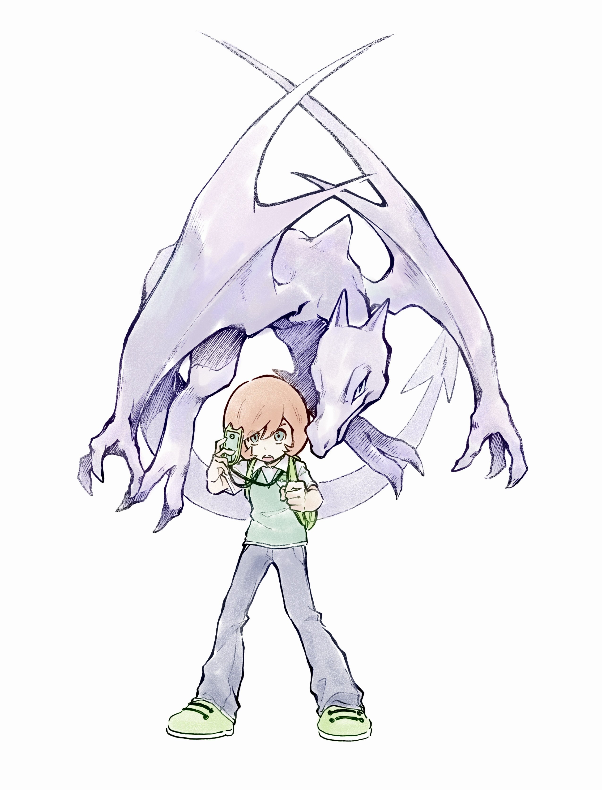 1boy absurdres aerodactyl backpack bag collared_shirt commentary gen_1_pokemon green_bag green_shoes green_vest grey_pants highres holding legs_apart male_focus nintendo open_mouth orange_hair pants pokemon pokemon_(creature) pokemon_xy shirt shoes short_hair simple_background standing symbol-only_commentary tan_carbonnn trevor_(pokemon) vest white_background white_shirt