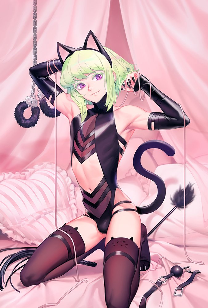 1boy animal_ear_hairband animal_ears arm_behind_head armpits ball_gag bare_shoulders bdsm bed_sheet black_leotard black_nails black_sleeves black_tail black_thighhighs bondage bound bulge cat_ear_hairband cat_ears cat_tail closed_mouth clothing_cutout crossdressing curtains detached_sleeves fake_animal_ears fingernails full_body fuzzy_handcuffs gag green_hair hairband heart heart-shaped_pillow heattech_leotard kneeling leotard light_smile lio_fotia long_fingernails looking_at_viewer male_focus midriff nail_polish navel pillow promare purple_eyes sharp_fingernails short_hair solo solthrys stomach_cutout tail thighhighs trap turtleneck