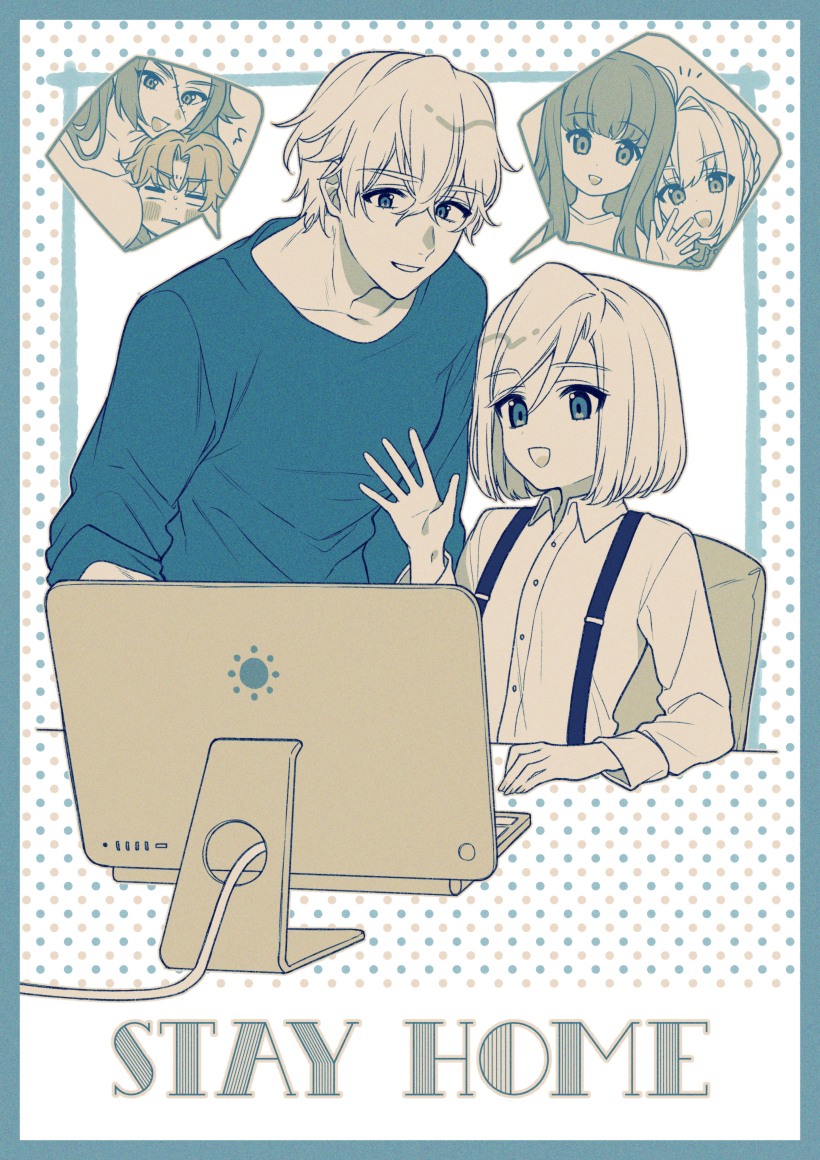 3boys 3girls :d ^^^ blush breasts buttons cable collared_shirt commentary_request computer_keyboard english_text fate/extra fate_(series) francis_drake_(fate) gawain_(fate) hair_between_eyes hair_intakes hand_on_table hand_up karokuchitose kishinami_hakuno_(female) leonard_bistario_harway long_hair matou_shinji_(fate/extra) monitor monochrome multiple_boys multiple_girls nero_claudius_(fate) notice_lines open_mouth shirt simple_background smile suspenders waving