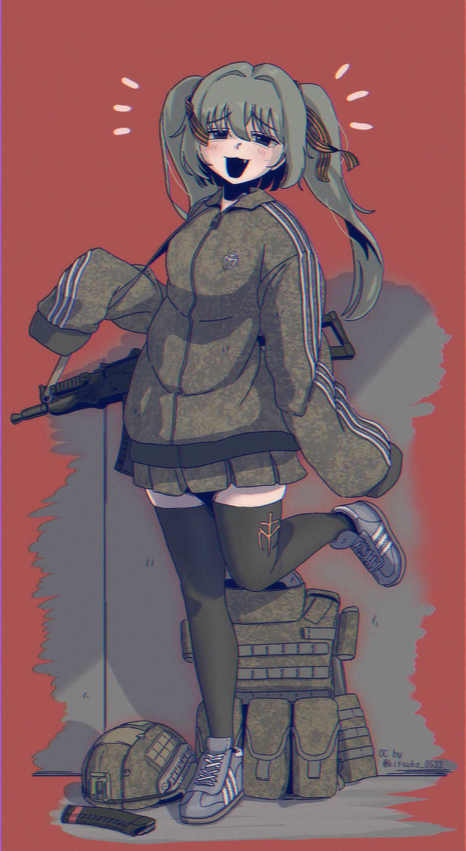 1girl aks-74u assault_rifle b1-517 borrowed_character gun hair_ribbon highres jacket kalashnikov_rifle leggings load_bearing_equipment magazine_(weapon) mesugaki original ribbon rifle russian_ground_forces sleeves_past_fingers sleeves_past_wrists solo striped_ribbon tachi-e thighhighs track_jacket twintails unworn_clothes unworn_headwear weapon zettai_ryouiki