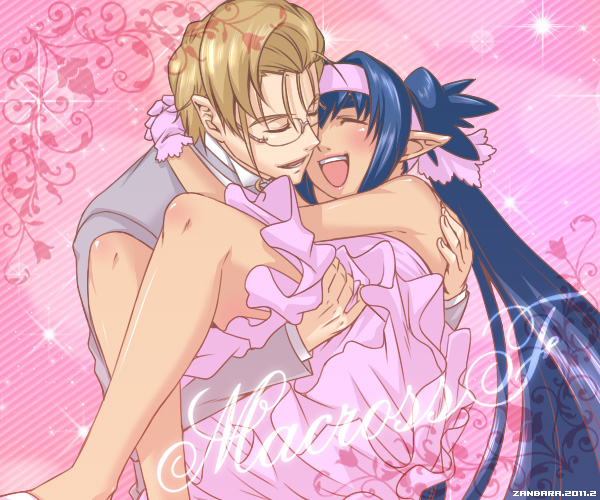 1boy 1girl bad_id bad_pixiv_id blonde_hair blue_eyes blush carrying child couple dress formal_clothes glasses gloves good_end happy headband hetero hug klan_klein kuroko long_hair macross macross_frontier meltrandi mikhail_buran open_mouth pointy_ears princess_carry smile suit twintails very_long_hair zentradi