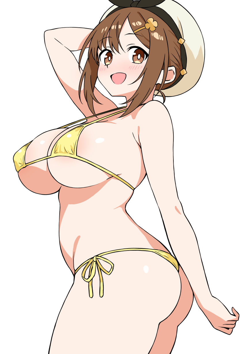 :d atelier_(series) atelier_ryza atelier_ryza_1 bikini breasts brown_eyes ecgg_(tsuji418477) hat highres large_breasts open_mouth reisalin_stout short_hair simple_background smile swimsuit white_background white_hat yellow_bikini