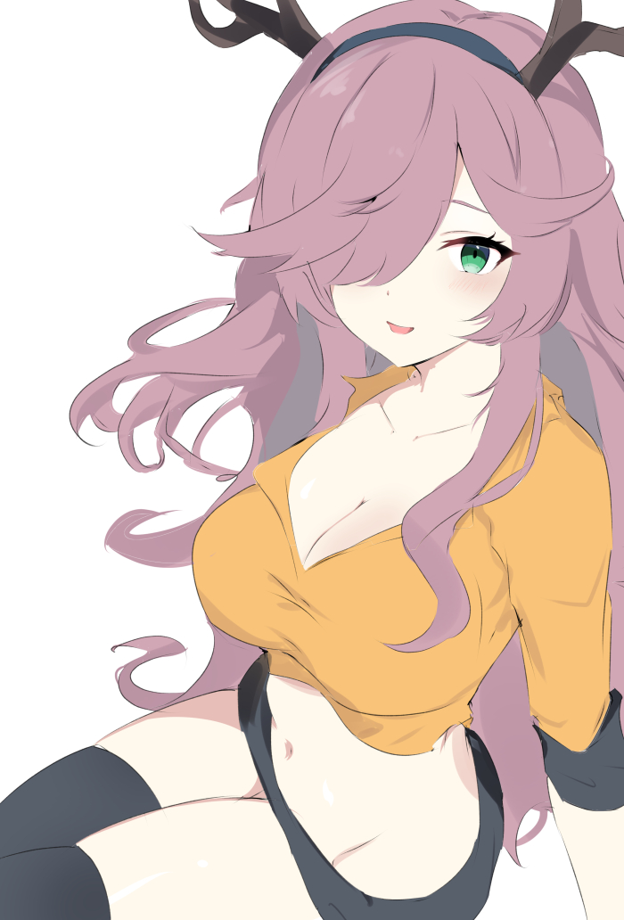 1girl antlers arknights black_shorts black_thighhighs breasts cleavage coldshot_(arknights) collarbone cowboy_shot crop_top cropped_shirt from_above green_eyes grey_hairband groin hair_over_one_eye hairband horns light_blush long_hair looking_at_viewer medium_breasts midriff navel one_eye_covered open_mouth orange_shirt pink_hair raifu_(rf) shirt shorts simple_background sitting sketch three-quarter_sleeves smile solo thighhighs white_background