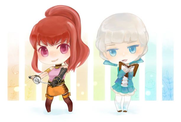 2girls alice_elliot armband black_gloves blue_eyes blue_ribbon book chibi dress elbow_gloves female_focus gloves karin_koenig long_hair miniskirt multiple_girls pink_eyes ponytail red_hair ribbon shadow_hearts shadow_hearts_ii short_hair silver_hair skirt socks sword weapon white_legwear yuzunoha