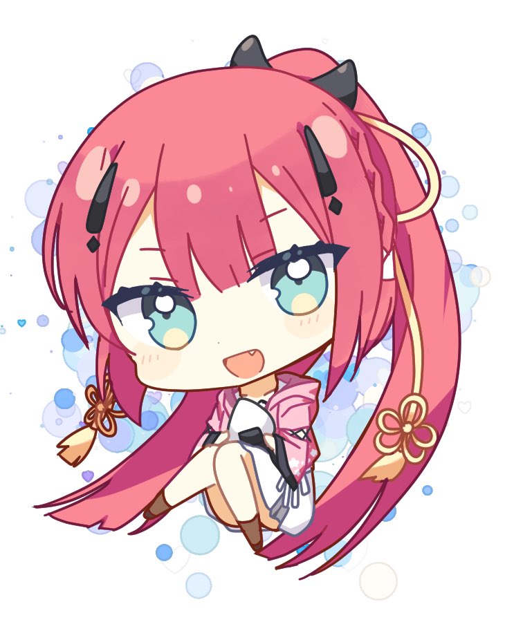 1girl :d aiyan aqua_eyes blunt_bangs blush_stickers braid chibi commentary_request eyelashes fang food hair_ornament hairclip holding holding_food hood hood_down japanese_clothes kamiyama_shiki kimono knees_together_feet_apart long_hair looking_at_viewer miniskirt onigiri open_mouth pink_kimono ponytail school_uniform simple_background sitting skirt smile solo summer_pockets tassel tassel_hair_ornament very_long_hair white_background white_skirt