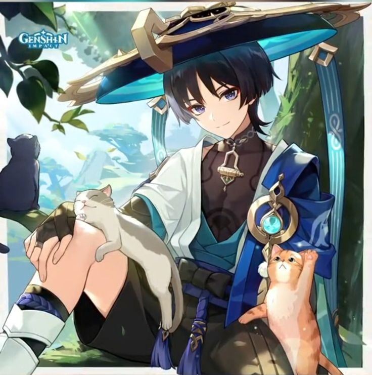 1boy black_shirt black_shorts blue_eyes blue_hair cat commentary_request downscaled duplicate genshin_impact hat head_tilt looking_at_viewer male_focus non-web_source official_art resized robe scaramouche_(genshin_impact) shirt short_hair short_sleeves shorts sitting smile solo wanderer_(genshin_impact) white_robe
