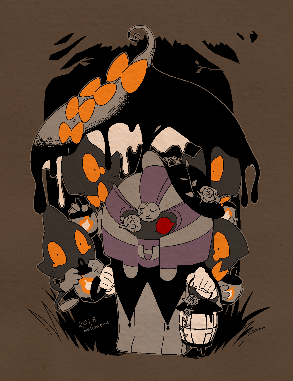 brown_background cofagrigus coffin dated evolutionary_line fire flower flower_over_eye gen_5_pokemon halloween highres holding holding_lantern holding_umbrella lantern limited_palette nintendo no_humans ota&#039;s parasol pokemon pokemon_(creature) red_eyes umbrella yamask