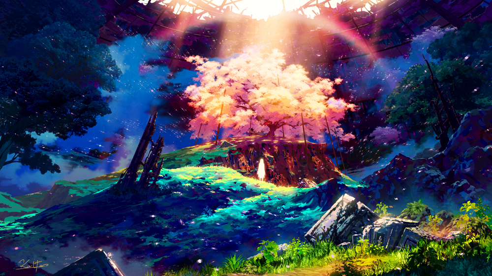 1girl cherry_blossoms commentary_request glowing grass hill kaitan open_roof_top original rainbow rubble ruins scenery signature solo tree