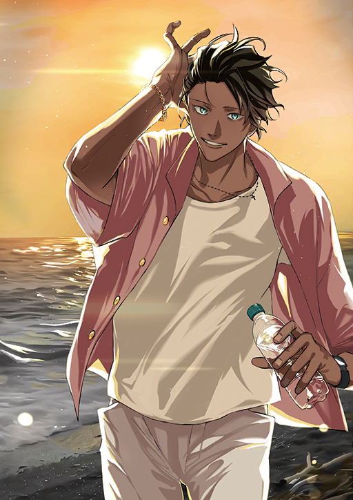 1boy arm_up azuazuazu19 bartholomew_roberts_(fate) bartholomew_roberts_(smiley_summer_wear)_(fate) beach black_hair blue_eyes bottle buttons collarbone cowboy_shot cross cross_necklace dark-skinned_male dark_skin fate/grand_order fate_(series) game_cg grin holding holding_bottle horizon jewelry looking_at_viewer male_focus necklace official_art open_clothes open_shirt orange_sky pants pink_shirt shirt shirt_under_shirt short_hair short_sleeves sky smile solo sun third-party_source unbuttoned watch water_bottle white_pants white_shirt wind wristwatch