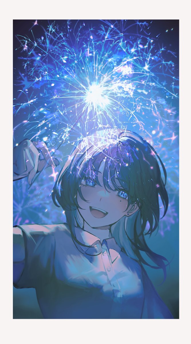 1girl :d achiki blue_eyes blue_shirt blue_theme blush border breasts collared_shirt commentary dress_shirt earrings fireworks hair_between_eyes head_tilt highres holding holding_fireworks jewelry looking_at_viewer mole mole_under_eye open_mouth original shirt short_hair short_sleeves small_breasts smile solo sparkler stud_earrings symbol-only_commentary teeth upper_body upper_teeth_only white_border