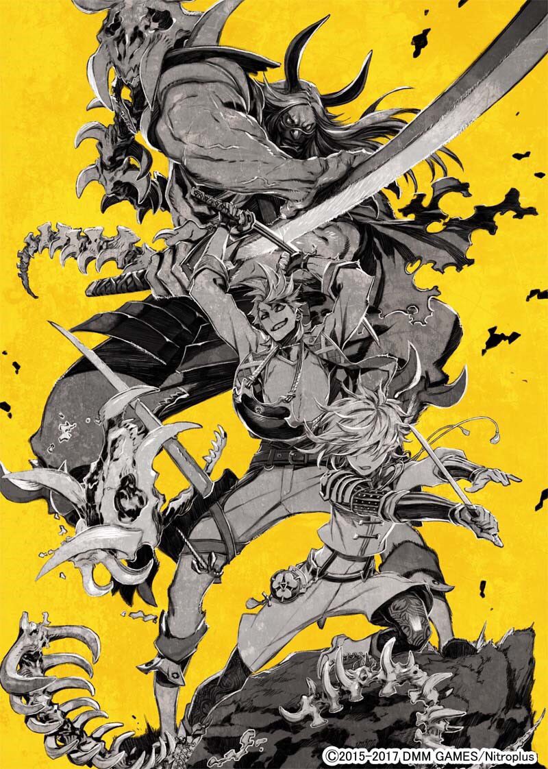 10s 3boys armor bare_pectorals duo_chromatic enemy_ootachi historical_revisionist japanese_armor long_hair male_focus menpoo miwa_shirow monoyoshi_sadamune multiple_boys muscular official_art pectorals simple_background skeleton sohaya-no-tsurugi touken_ranbu watermark yellow_background