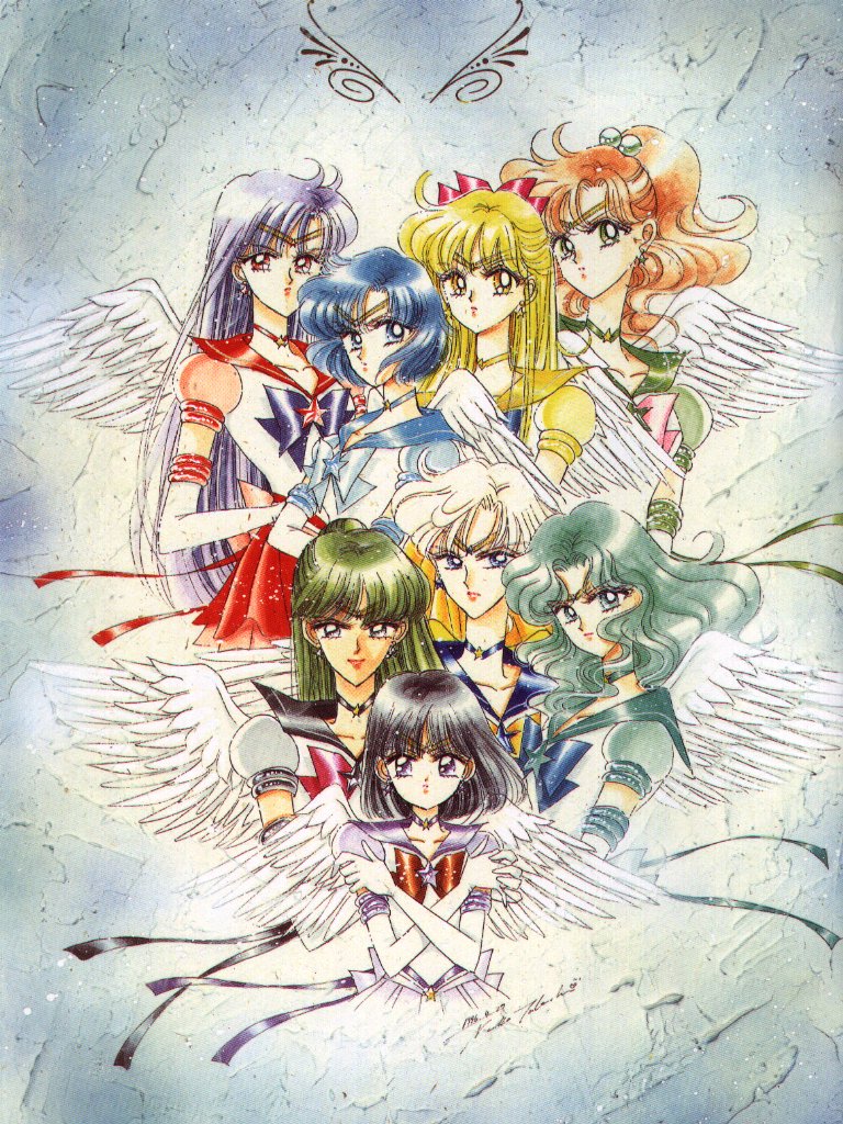 1990s_(style) 6+girls aino_minako bishoujo_senshi_sailor_moon bishoujo_senshi_sailor_moon_stars black_hair black_neckwear blonde_hair blue_bow blue_eyes blue_hair blue_sailor_collar bow brooch brown_bow brown_hair choker crossed_arms elbow_gloves expressionless gloves green_eyes green_hair hair_bobbles hair_ornament half_updo hino_rei jewelry kaiou_michiru kino_makoto long_hair magical_girl meiou_setsuna mizuno_ami multiple_girls orange_eyes pink_bow ponytail puffy_sleeves purple_bow purple_eyes red_bow red_eyes red_skirt retro_artstyle sailor_collar sailor_jupiter sailor_mars sailor_mercury sailor_neptune sailor_pluto sailor_saturn sailor_senshi sailor_uranus sailor_venus short_hair skirt star_brooch super_sailor_jupiter_(stars) super_sailor_mars_(stars) super_sailor_mercury_(stars) super_sailor_neptune_(stars) super_sailor_pluto_(stars) super_sailor_saturn_(stars) super_sailor_uranus_(stars) super_sailor_venus_(stars) takeuchi_naoko ten&#039;ou_haruka tiara tomoe_hotaru white_gloves wings
