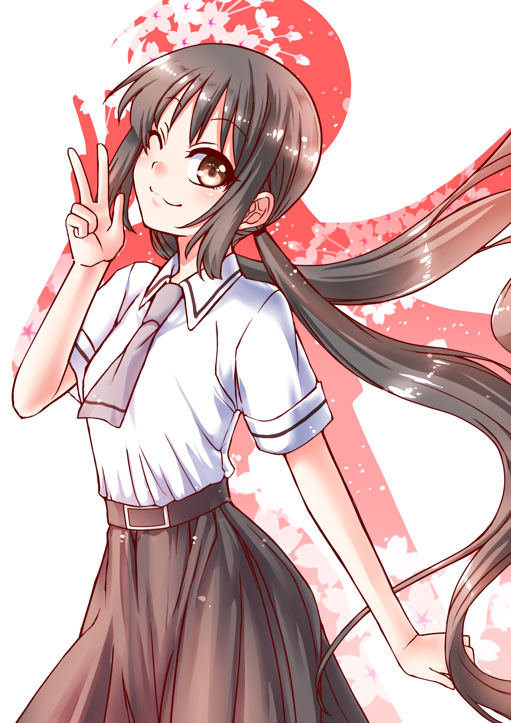 10s 1girl ;3 asobi_asobase belt black_hair black_skirt brown_eyes female_focus grey_neckwear highres honda_hanako kaikai long_hair long_skirt looking_at_viewer one_eye_closed school_uniform shirt short_sleeves skirt smile solo v very_long_hair white_shirt