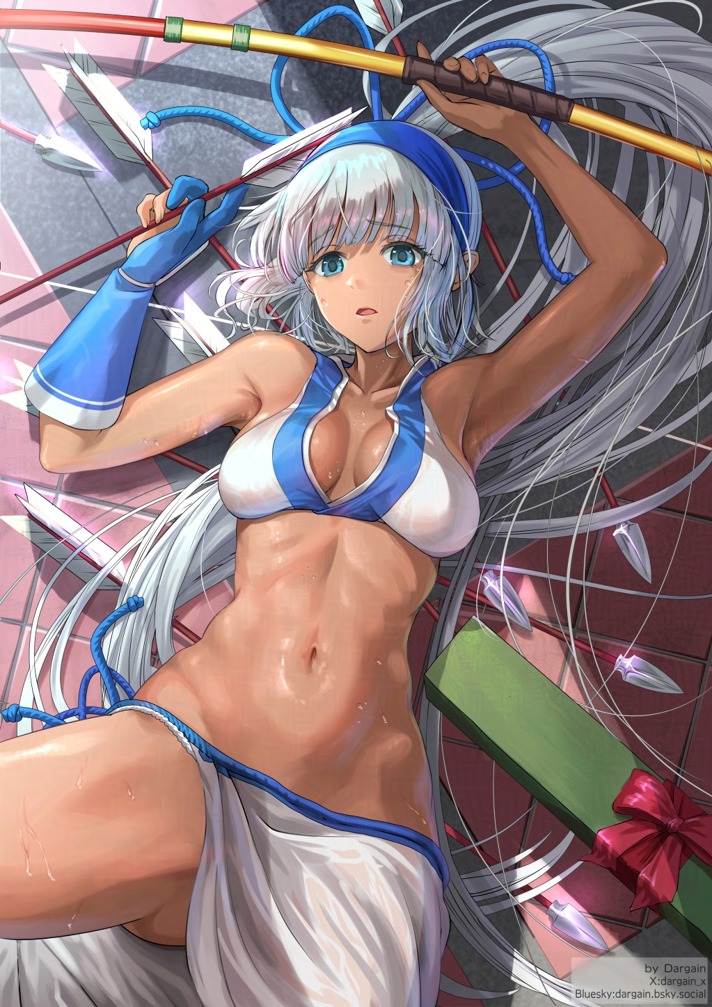 1girl archery armpits arms_up arrow_(projectile) artist_name bikini blue_eyes bluesky_username bow_(weapon) breasts cleavage dargain_x dark-skinned_female dark_skin fingerless_gloves gloves grey_hair hair_ribbon highres legs long_hair looking_at_viewer lying majikina_mina medium_breasts navel on_back on_floor parted_lips ponytail ribbon samurai_spirits sarong snk solo sweat swimsuit thighs toned twitter_username very_long_hair weapon white_bikini yumi_(bow)