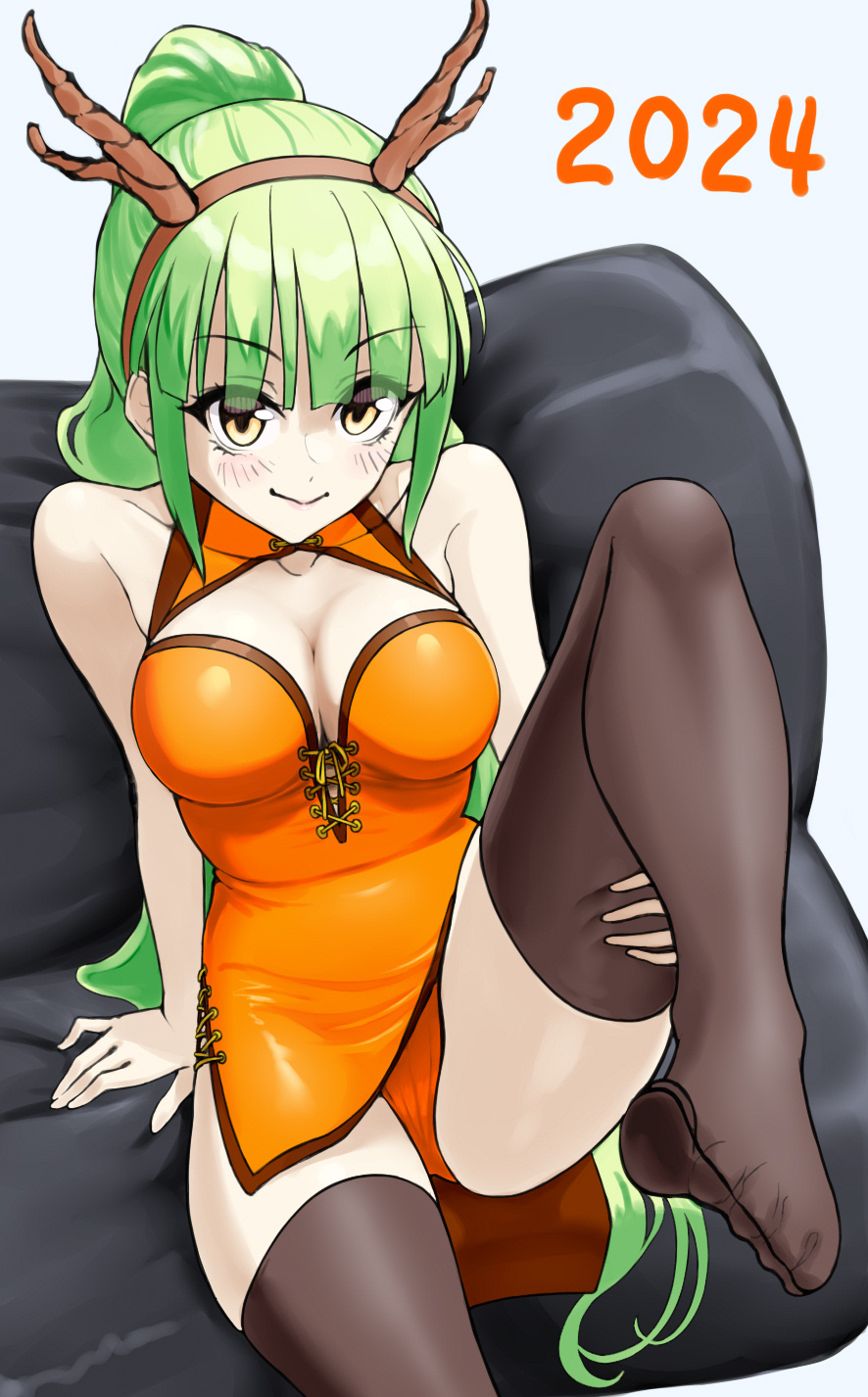1girl 2024 azur_lane black_thighhighs breasts cleavage danbora dragon_horns dress feet green_hair headband high_ponytail highres horns long_hair looking_at_viewer medium_breasts orange_dress orange_panties panties ponytail shropshire_(azur_lane) sitting solo thighhighs underwear yellow_eyes