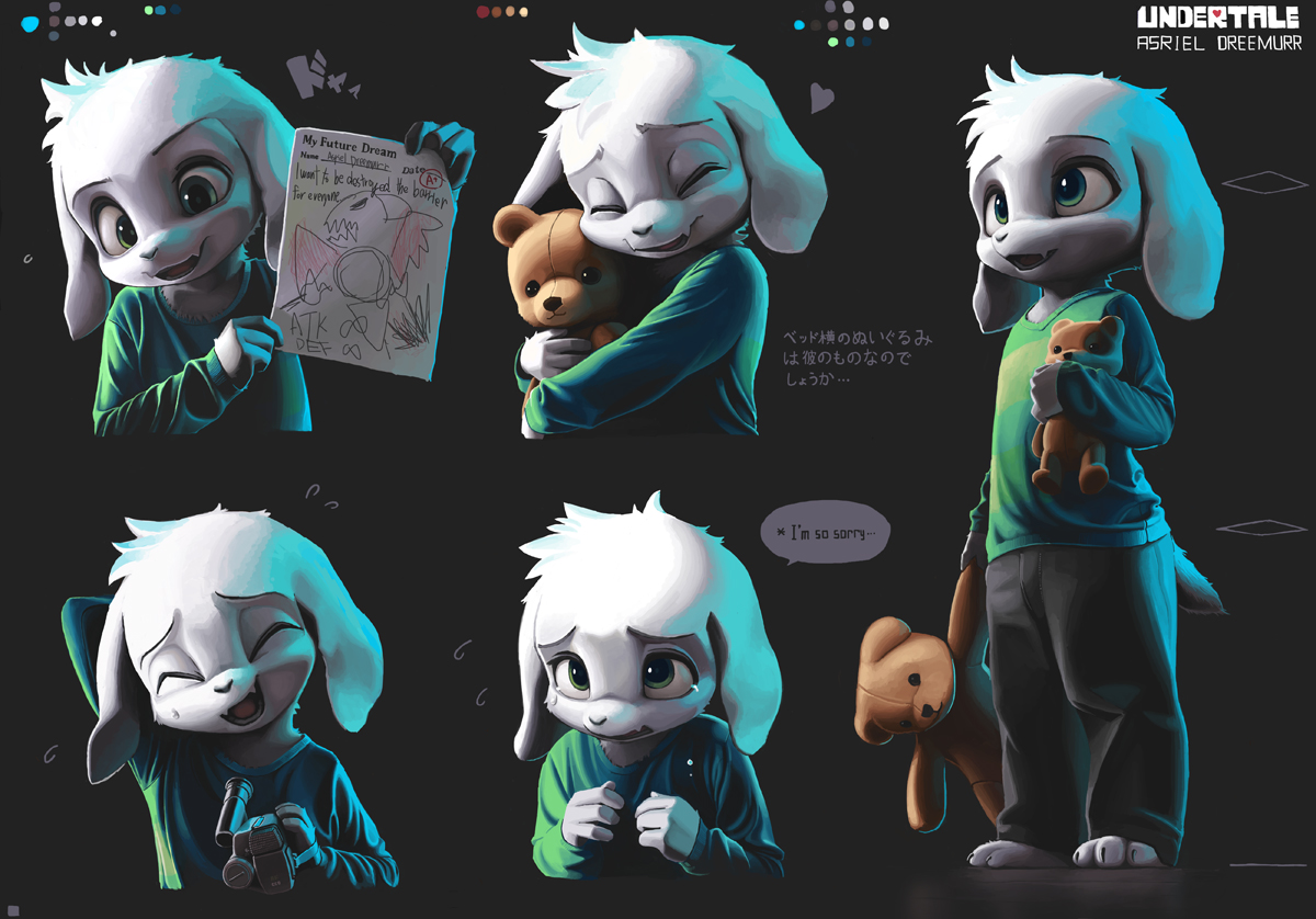 1boy :d asriel_dreemurr camcorder character_name reference_sheet child color_guide copyright_name english_text closed_eyes furry furry_male heart lyc male_focus open_mouth smile stuffed_animal stuffed_toy tail teddy_bear text_focus undertale video_camera