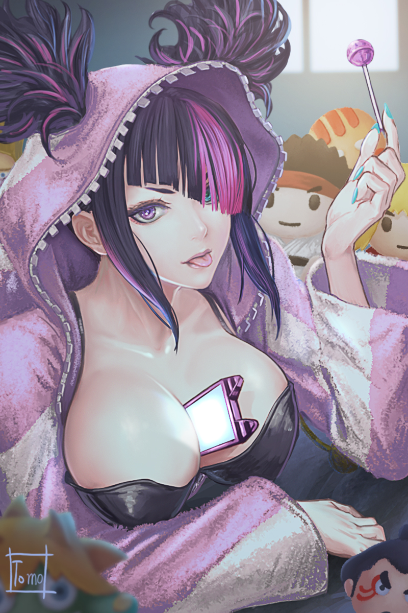 1girl artist_name breasts candy capcom dhalsim e._honda food hair_through_hood han_juri heterochromia highres holding holding_candy holding_food holding_lollipop ken_masters large_breasts lollipop looking_at_viewer lying multicolored_hair on_stomach onesie phone_in_breasts ryu_(street_fighter) solo streaked_hair street_fighter street_fighter_6 stuffed_toy tomo_eokaiteru tongue tongue_out zipper
