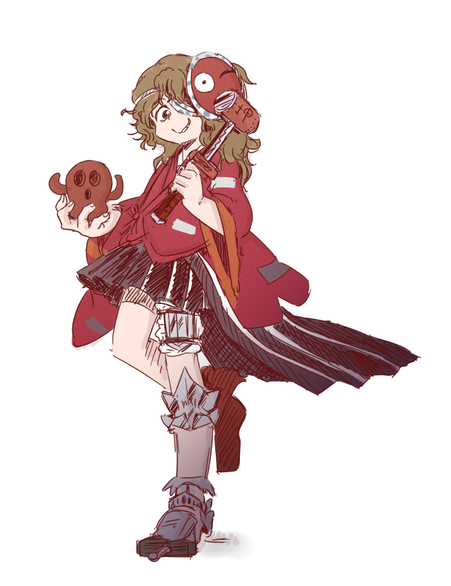 1other ametsukana_yago androgynous bandage_over_one_eye bandaged_leg bandages black_hakama brown_eyes brown_hair chikafumikou commentary_request cork full_body hakama hakama_short_skirt hakama_skirt haniwa_(statue) happy holding holding_statue holding_sword holding_weapon japanese_clothes kimono knee_pads leg_up len&#039;en long_sleeves looking_at_viewer mask mask_on_head mechanical_foot medium_hair messy_hair noh_mask other_focus parted_lips patchwork_clothes red_kimono red_mask red_socks shadow short_kimono short_sword simple_background single_knee_pad single_sock skirt smile socks solo standing sword weapon white_background wide_sleeves