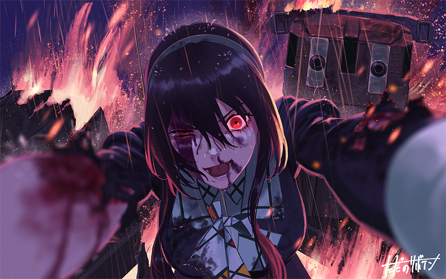 1girl ashigara_(kancolle) ashigara_kai_ni_(kancolle) blood blood_on_face brown_hair cannon fire hairband kantai_collection long_hair long_sleeves military military_uniform pov_hug red_eyes rigging ship_turret solo torn_clothes white_hairband yue_(tada_no_saboten)