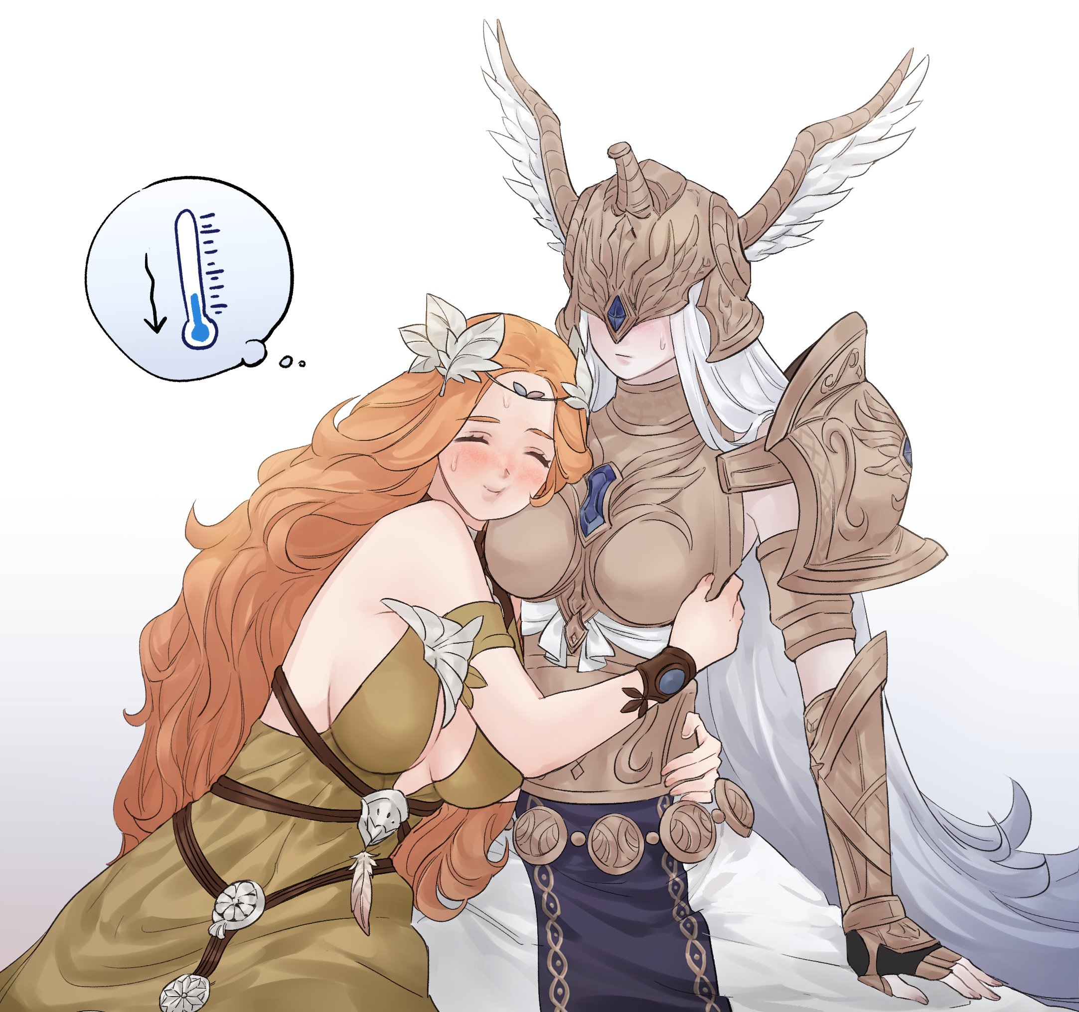 2girls :| ^_^ arm_support armor arms_around_waist astraea_010 bare_shoulders blush boobplate bracelet breastplate cheek-to-breast cheek_press circlet closed_eyes closed_mouth commentary_request covered_eyes cowboy_shot detached_sleeves dress expressionless facing_viewer feathers final_fantasy final_fantasy_xiv green_dress hair_ornament halone head_on_chest helmet helmet_over_eyes highres hot jewelry korean_commentary leaf_hair_ornament long_hair multiple_girls nophica orange_hair pauldrons shoulder_armor simple_background skirt sweat temperature thermometer white_background white_hair white_skirt winged_helmet yuri