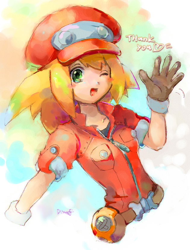 1girl blonde_hair breasts newsboy_cap commentary_request dinef female_focus green_eyes hat jacket jumpsuit long_hair looking_at_viewer mega_man_(series) mega_man_legends_(series) mega_man_legends_3 red_jacket roll_caskett_(mega_man) smile solo