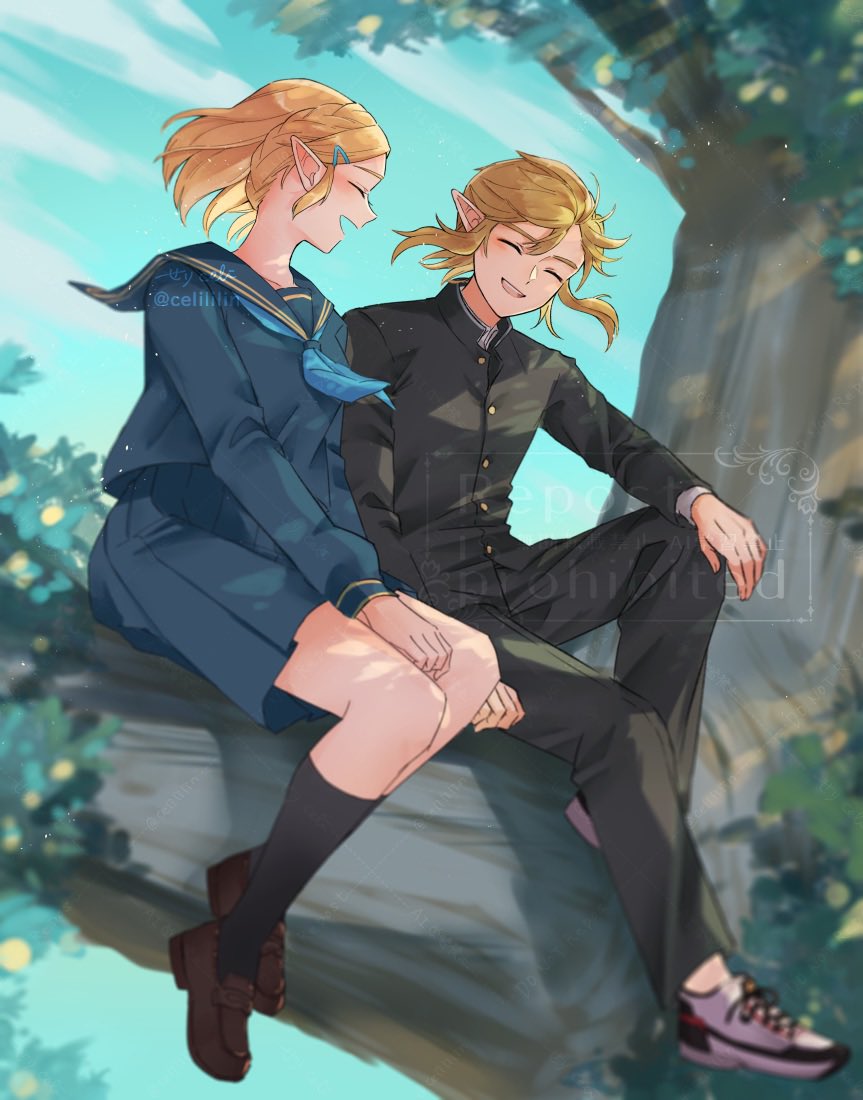 1boy 1girl black_jacket black_pants black_socks blonde_hair blue_neckerchief blue_sailor_collar blue_serafuku blue_shirt blue_skirt blue_sky braid branch brown_shoes closed_eyes contemporary crown_braid gakuran hair_ornament hairpin in_tree jacket leaf link long_sidelocks low_ponytail medium_hair neckerchief nintendo outdoors pants pleated_skirt pointy_ears ponytail princess_zelda sailor_collar school_uniform serafuku seri_(yuukasakura) shirt shoes sidelocks sitting sitting_in_tree sitting_on_branch skirt sky smile socks the_legend_of_zelda the_legend_of_zelda:_tears_of_the_kingdom tree white_shoes