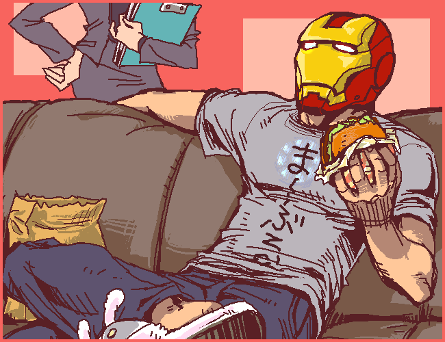 1boy 1girl animal_slippers bag bunny_slippers clipboard couch crossover food formal_clothes burger hand_on_own_hip hip_focus iron_man marvel mask mentos_(snatch) paper_bag parody pepper_potts shirt suit t-shirt tentai_senshi_sunred tony_stark usakotsu