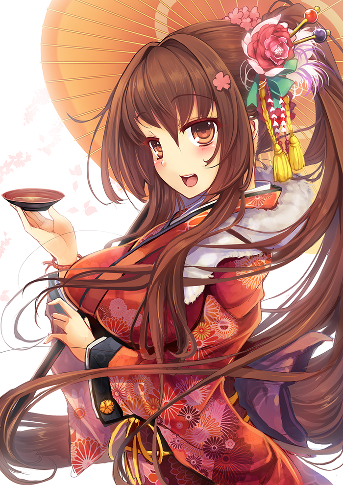 10s 1girl :d alternate_costume bad_id bad_pixiv_id bloom blush brown_eyes brown_hair cherry_blossoms cup female_focus floral_print flower from_side goushou hair_flower hair_ornament hair_stick happy_new_year japanese_clothes kantai_collection kimono long_hair looking_at_viewer looking_to_the_side matching_hair/eyes new_year obi oil-paper_umbrella open_mouth ponytail sakazuki sash sidelocks smile solo umbrella upper_body very_long_hair yamato_(kancolle)