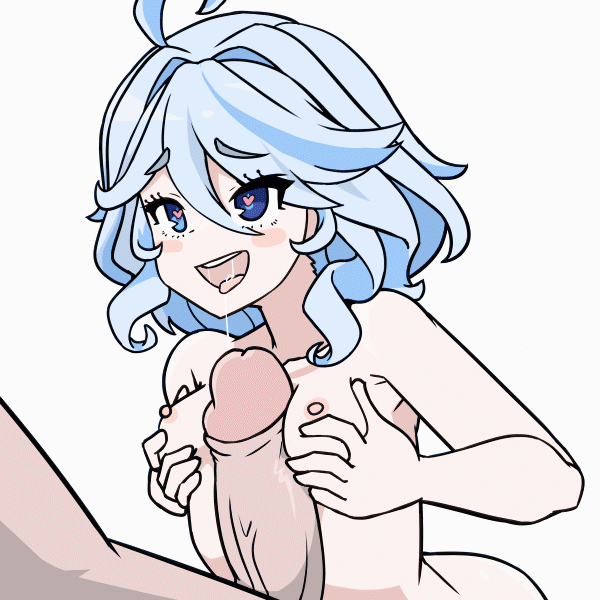 1boy 1girl animated animated_gif breasts furina_(genshin_impact) genshin_impact grabbing_own_breast hands_on_own_chest heart heart-shaped_pupils heterochromia kuma_cacophony naizuri nipples paizuri penis saliva small_breasts symbol-shaped_pupils uncensored white_hair