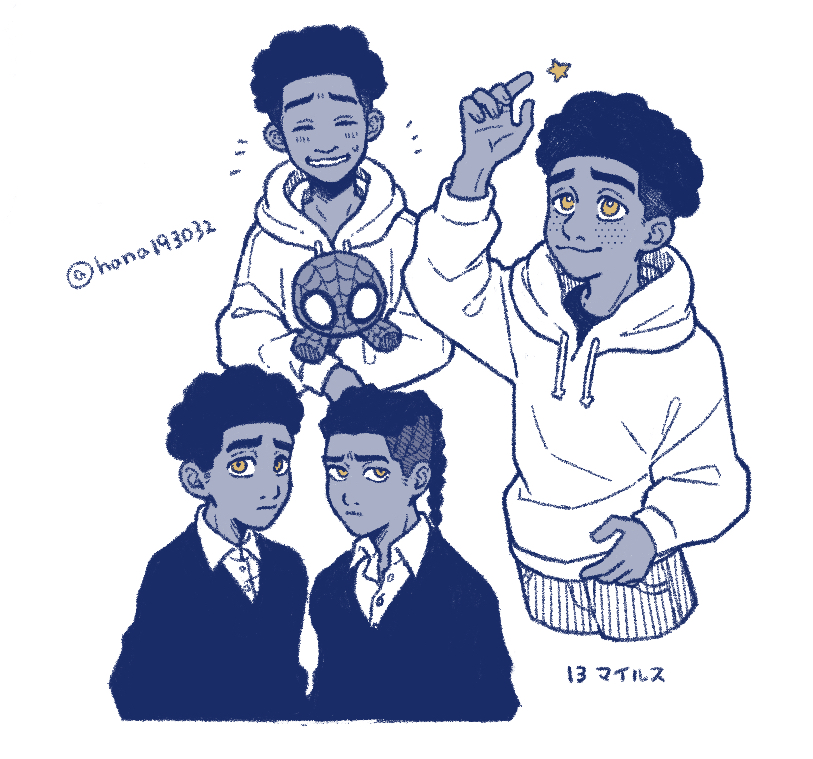2boys afro bag black_hair character_doll dark_skin dreadlocks furrowed_brow grin male_focus marvel miles_g._morales miles_morales multiple_boys multiple_persona school_uniform smile spider-man spider-man:_across_the_spider-verse spider-man_(series) spider-verse spot_color star_(symbol) twitter_username user_vruw3338 very_dark_skin yellow_eyes