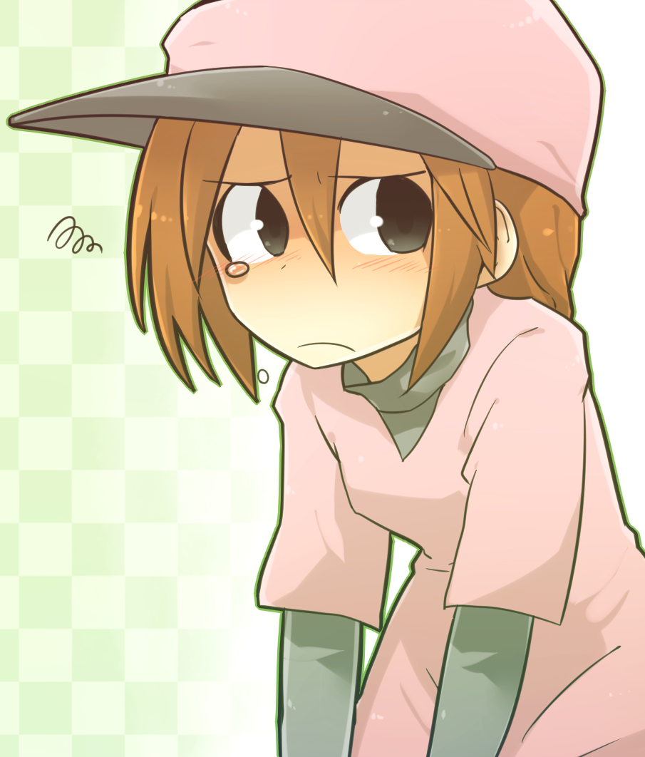 1girl baseball_cap black_eyes blush brown_hair checkered_background frown furrowed_brow gradient_background green_background grey_shirt hair_between_eyes hat jiima_tarou layered_clothes leaning_forward long_sleeves looking_back minna_no_rhythm_tengoku pink_hat pink_shirt pitcher-chan pitcher_(rhythm_tengoku) rhythm_tengoku shaded_face shirt short_hair short_sleeves slouching solo squiggle tearing_up undershirt unhappy upper_body