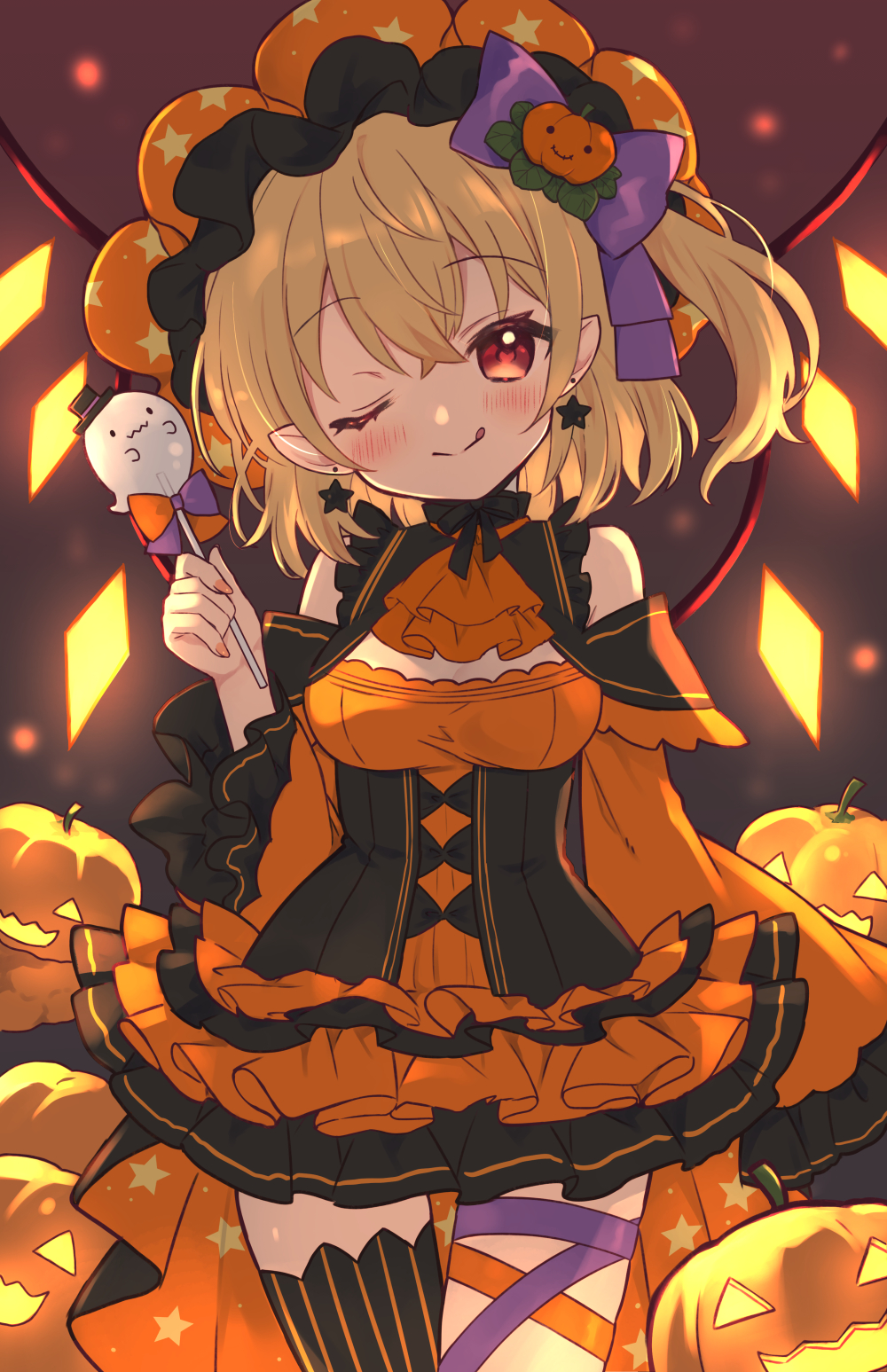 1girl :q ahase_hino alternate_costume ascot bare_shoulders black_ribbon blonde_hair bow breasts candy cleavage closed_mouth collar commentary_request cowboy_shot crystal_wings dress earrings flandre_scarlet food food-themed_hair_ornament frilled_collar frilled_dress frilled_sleeves frills ghost glowing glowing_wings hair_ornament halloween halloween_costume hand_up hat head_tilt highres holding holding_candy holding_food holding_lollipop jack-o&#039;-lantern jewelry leg_ribbon licking_lips lollipop long_sleeves looking_at_viewer mob_cap one_eye_closed one_side_up orange_ascot orange_nails orange_ribbon pointy_ears pumpkin pumpkin_hair_ornament purple_bow purple_ribbon red_eyes ribbon short_dress short_hair single_thighhigh sleeves_past_fingers sleeves_past_wrists solo standing star_(symbol) star_earrings star_print striped_clothes striped_thighhighs thigh_ribbon thighhighs tongue tongue_out touhou vertical-striped_clothes vertical-striped_thighhighs wavy_mouth wide_sleeves wings yellow_wings