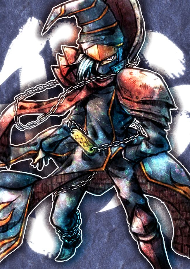 1boy black_footwear black_hat black_pants black_robe blue_background brown_eyes chain chain_around_neck duel_monster facing_viewer food_print fruit_print gagaga_magician hair_over_one_eye hand_in_pocket hat looking_at_viewer orange_print outstretched_arm pants red_scarf robe scarf shoulder_pads white_hair wizard_hat yoshida_sei yu-gi-oh! yu-gi-oh!_zexal