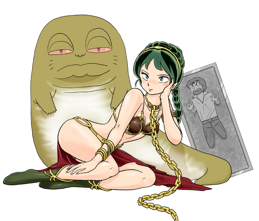 1980s_(style) 1boy 1girl animalization armlet armor bdsm bikini bikini_armor bikini_top_only bondage boots bound braid chain cosplay creature crossover full_body han_solo han_solo_(cosplay) head_rest huttslayer_leia jabba_the_hutt jewelry loincloth lum m/ moroboshi_ataru official_style oldschool open_mouth parody pelvic_curtain pointy_ears princess_leia princess_leia_(cosplay) retro_artstyle sakuranbou simple_background single_braid smile star_wars star_wars:_return_of_the_jedi swimsuit uesuto_(westriver) urusei_yatsura white_background