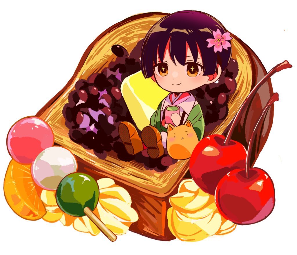 1boy animal animal_ears axis_powers_hetalia baggy_pants black_hair blunt_ends blush brown_shoes cake cake_slice cherry chibi closed_mouth collared_shirt cup dango dog dog_ears flower food fruit full_body green_tea hair_flower hair_ornament haori holding holding_cup icing japan_(hetalia) japanese_clothes lemon lemon_slice long_sleeves male_focus mandarin_orange_slice open_clothes orange_eyes pants pet pink_flower sanamaru_(sana79261827) shirt shoes short_hair simple_background sitting smile solo sparkling_eyes suspenders tea wagashi white_background white_pants white_shirt wide_sleeves yunomi