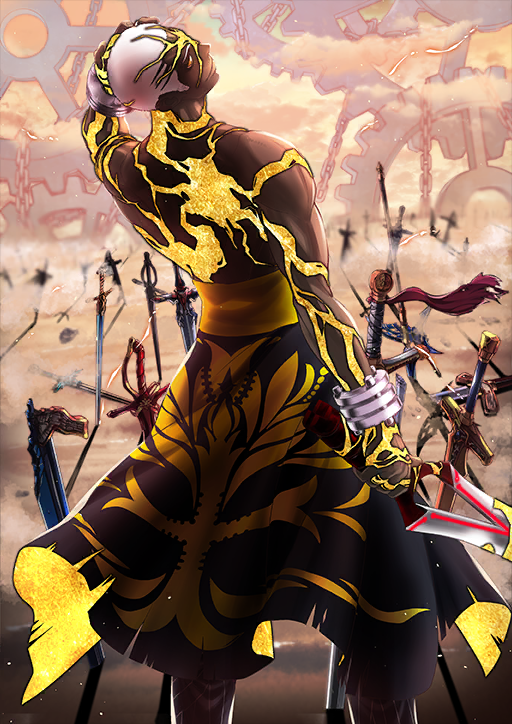 1boy arm_at_side arm_up bangle black_cape black_pants bracelet buzz_cut cape chain closed_mouth colored_skin cuffs dark-skinned_male dark_skin emiya_alter fate/grand_order fate_(series) feet_out_of_frame from_behind gold_skin hand_on_own_head holding holding_sword holding_weapon jewelry kanshou_&amp;_bakuya_(fate) kintsugi legs_apart looking_at_viewer looking_back lower_teeth_only male_focus multicolored_skin multiple_scars no_shirt official_art pants planted planted_sword planted_weapon sasaki_shounen scar scar_on_arm scar_on_back scar_on_chest scar_on_face scar_on_hand scar_on_head scar_on_neck shackles short_hair short_sideburns smile solo standing sword teeth third-party_source toned toned_male topless_male two-tone_skin unlimited_blade_works_(reality_marble) v-shaped_eyebrows very_dark_skin very_short_hair waist_cape weapon yellow_eyes