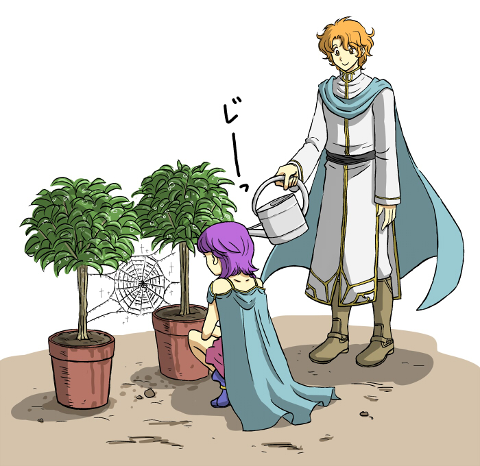 1boy 1girl artist_request artur_(fire_emblem) bare_shoulders cape couple dress fire_emblem fire_emblem:_the_sacred_stones hetero lute_(fire_emblem) nintendo orange_hair plant purple_hair short_hair silk simple_background spider_web standing staring twintails watering_can