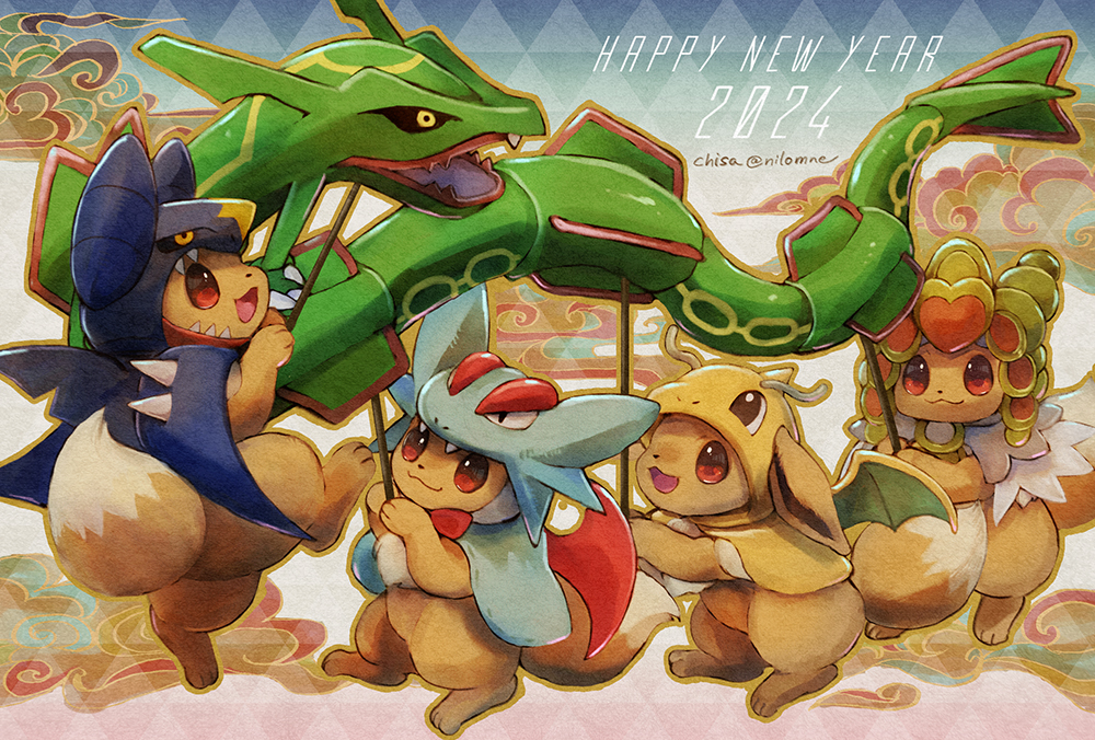 2024 black_eyes brown_eyes chinese_zodiac closed_mouth commentary cosplay dragonite dragonite_(cosplay) eevee garchomp garchomp_(cosplay) gen_1_pokemon gen_3_pokemon gen_4_pokemon gen_7_pokemon hat holding kommo-o kommo-o_(cosplay) legendary_pokemon momomo12 nintendo no_humans open_mouth pokemon pokemon_(creature) rayquaza salamence salamence_(cosplay) smile twitter_username year_of_the_dragon yellow_eyes