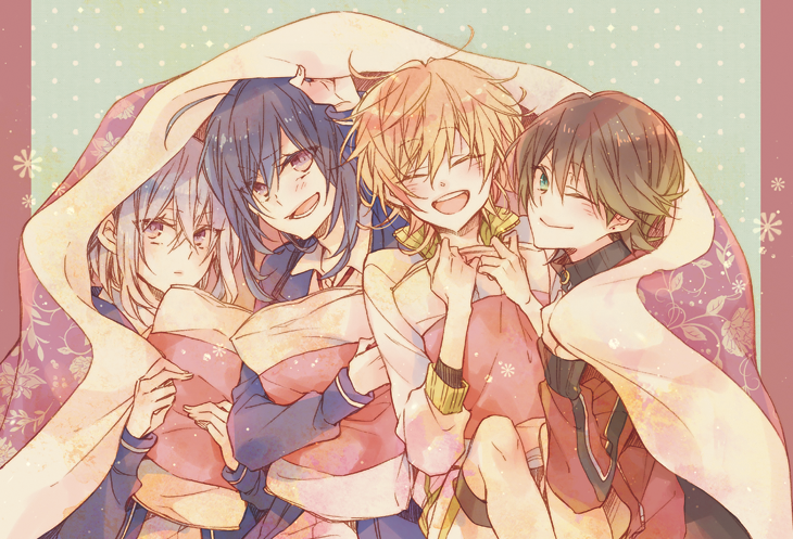 10s 4boys ^_^ bad_id bad_pixiv_id black_hair blanket blonde_hair blue_eyes closed_eyes closed_eyes honebami_toushirou horikawa_kunihiro jacket male_focus monoyoshi_sadamune multiple_boys namazuo_toushirou noeru_(putty) hugging_object one_eye_closed open_mouth pillow pillow_hug purple_eyes smile touken_ranbu track_jacket white_hair