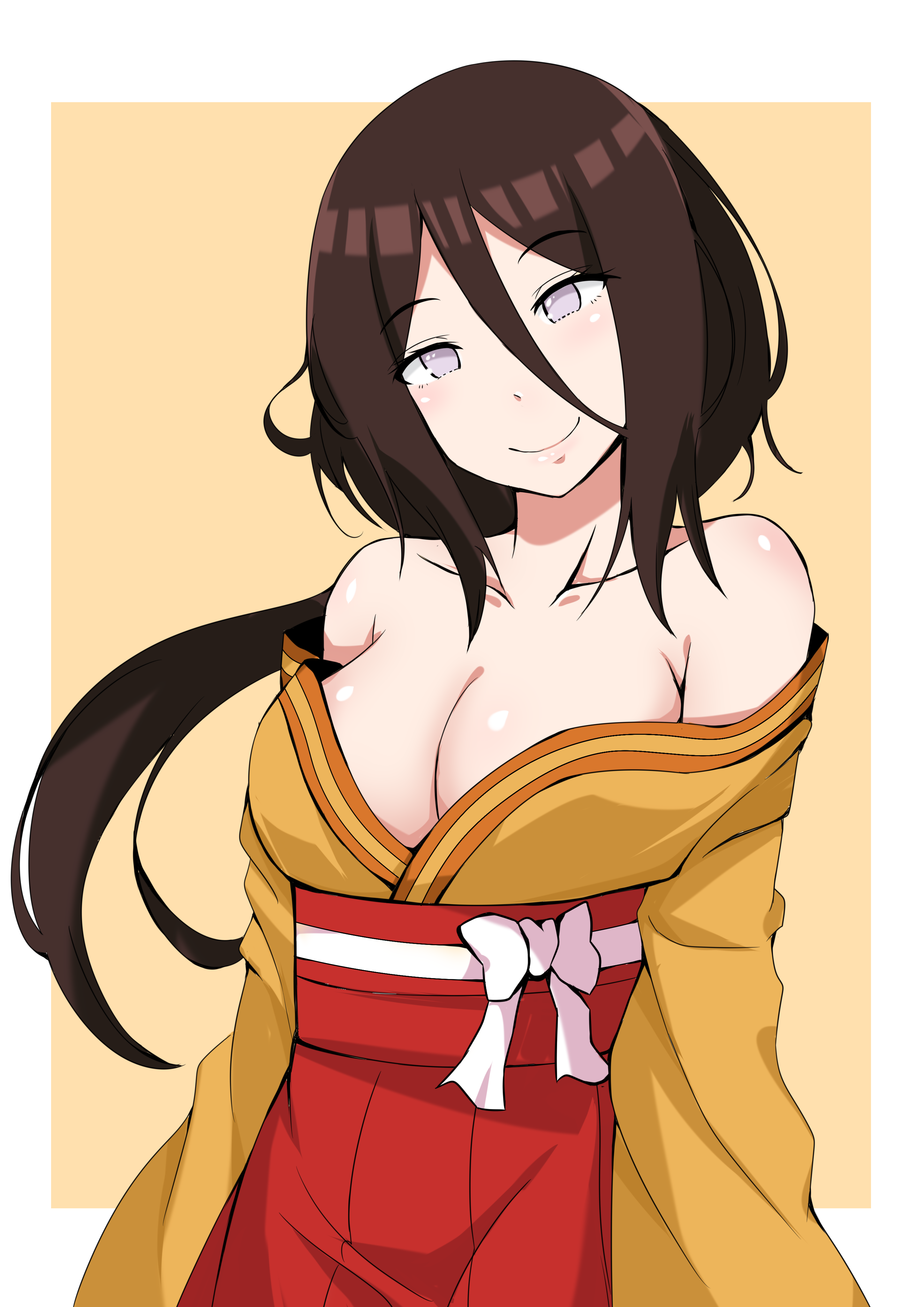 1girl absurdres bare_shoulders border boruto:_naruto_next_generations boruto:_naruto_the_movie breasts brown_background brown_hair byakugan cleavage collarbone female_focus hair_between_eyes hakama hakama_skirt head_tilt highres hyuuga_hanabi japanese_clothes kimono large_breasts long_hair looking_at_viewer naruto naruto_(series) no_pupils off_shoulder orange_kimono pandacross purple_eyes red_hakama skirt smile solo white_border