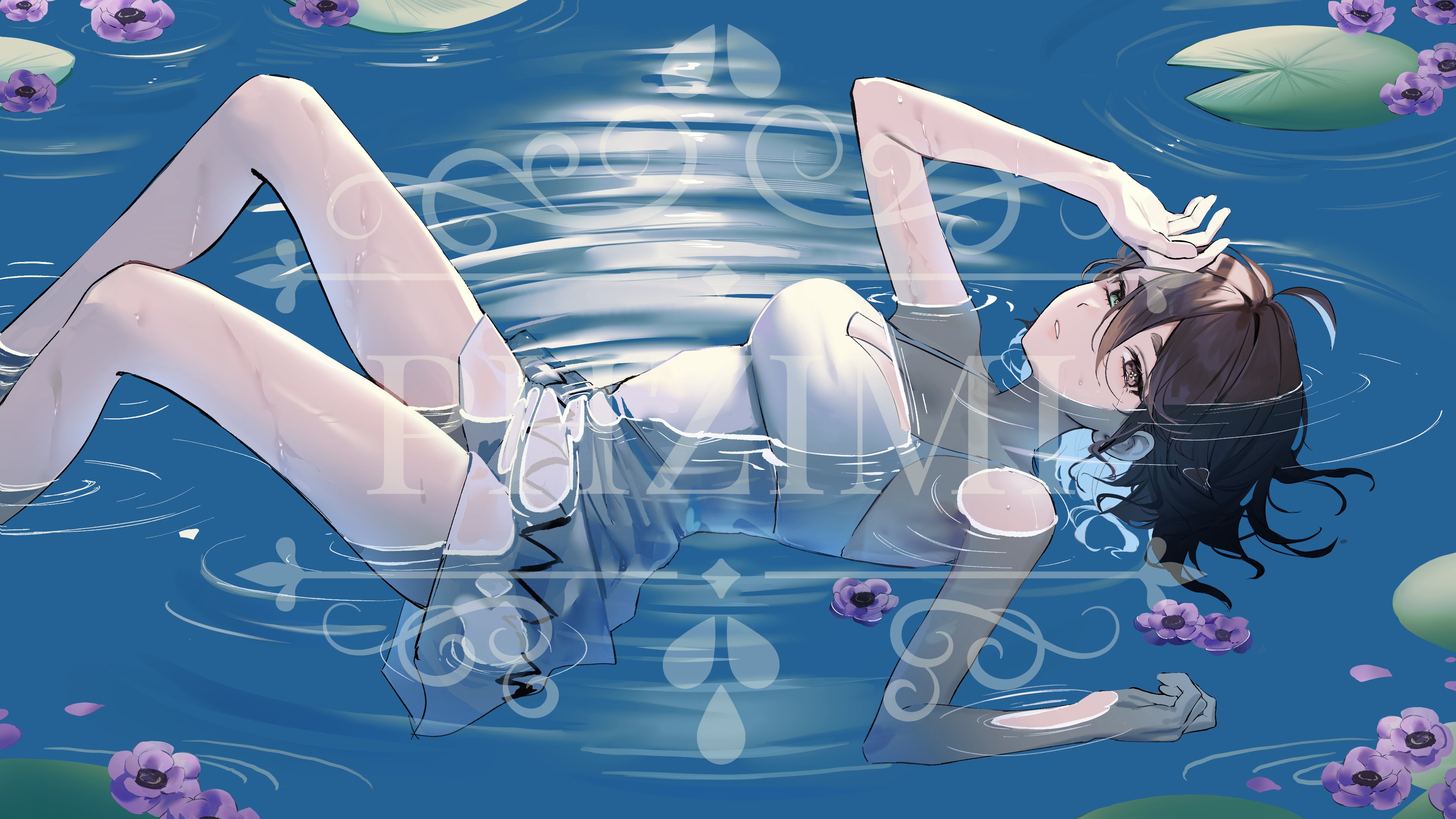 1girl absurdres ahoge artist_logo blue_hair breasts brown_hair colored_inner_hair commentary_request commission cross-shaped_pupils dress feet_out_of_frame flower hair_between_eyes half-closed_eyes hand_on_own_forehead hand_up heterochromia highres indie_virtual_youtuber knees_up lily_pad logo looking_at_viewer looking_to_the_side lying medium_breasts medium_hair meica_(vtuber) mixed-language_commentary multicolored_hair on_back on_water parted_lips partially_submerged phzimi000 ripples sad sleeveless sleeveless_dress solo spaghetti_strap spanish_commentary sprout-shaped_pupils symbol-shaped_pupils tears virtual_youtuber water water_lily_flower watermark white_dress