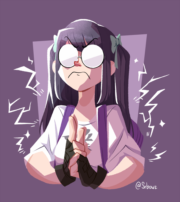 1girl black_gloves clothes_writing eyebrows female_focus fingerless_gloves frown glasses gloves green_ribbon hair_ribbon hand_signs purple_hair ribbon round_eyewear shin_subarashiki_kono_sekai shirt solo subarashiki_kono_sekai twintails twitter_username upper_body usui_nagi white_shirt