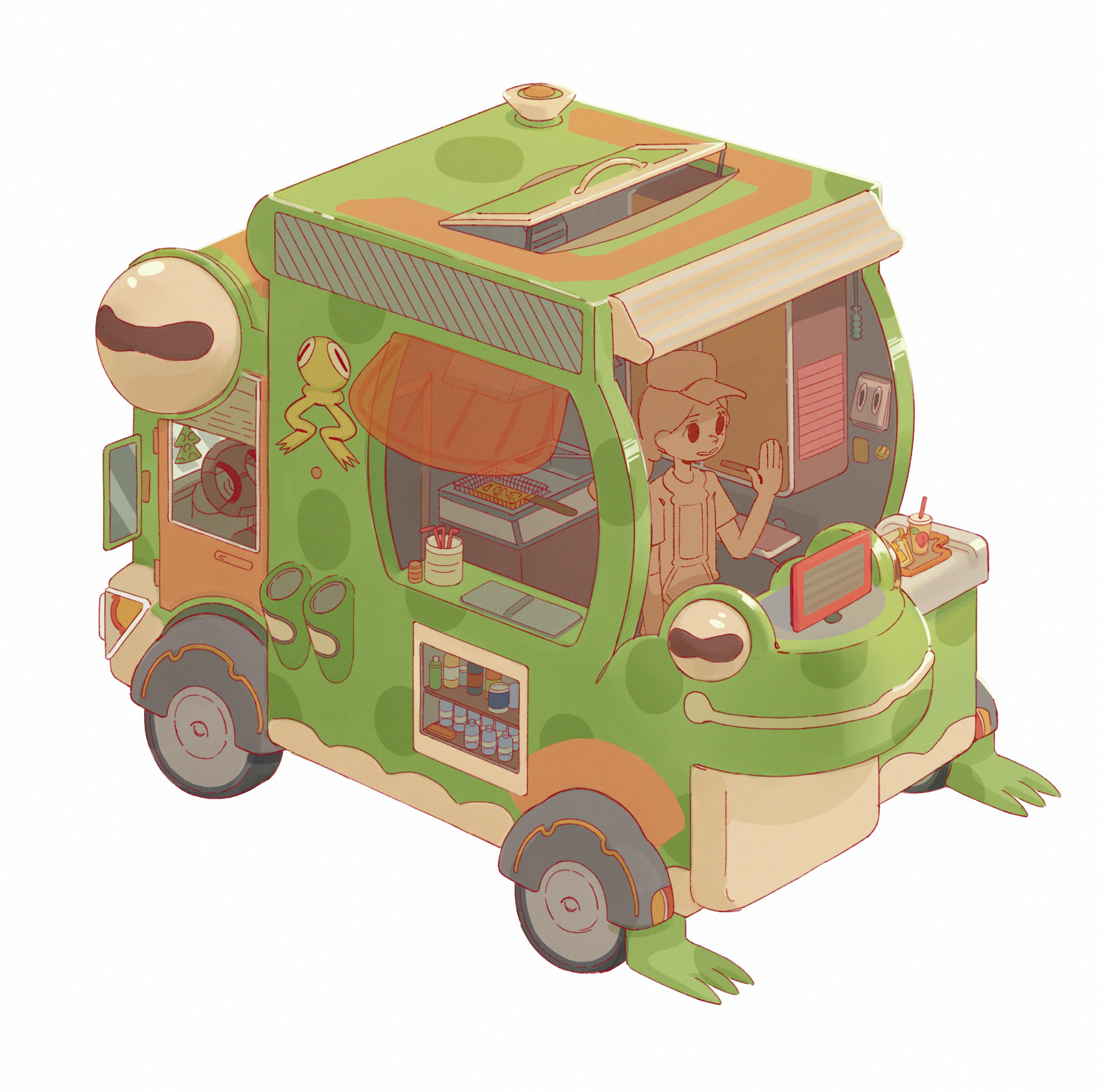 1girl barmaglotik baseball_cap car commentary cup drinking_straw english_commentary food food_stand food_truck frog hand_up hat highres motor_vehicle open_mouth original sign simple_background smile solo tray waving white_background