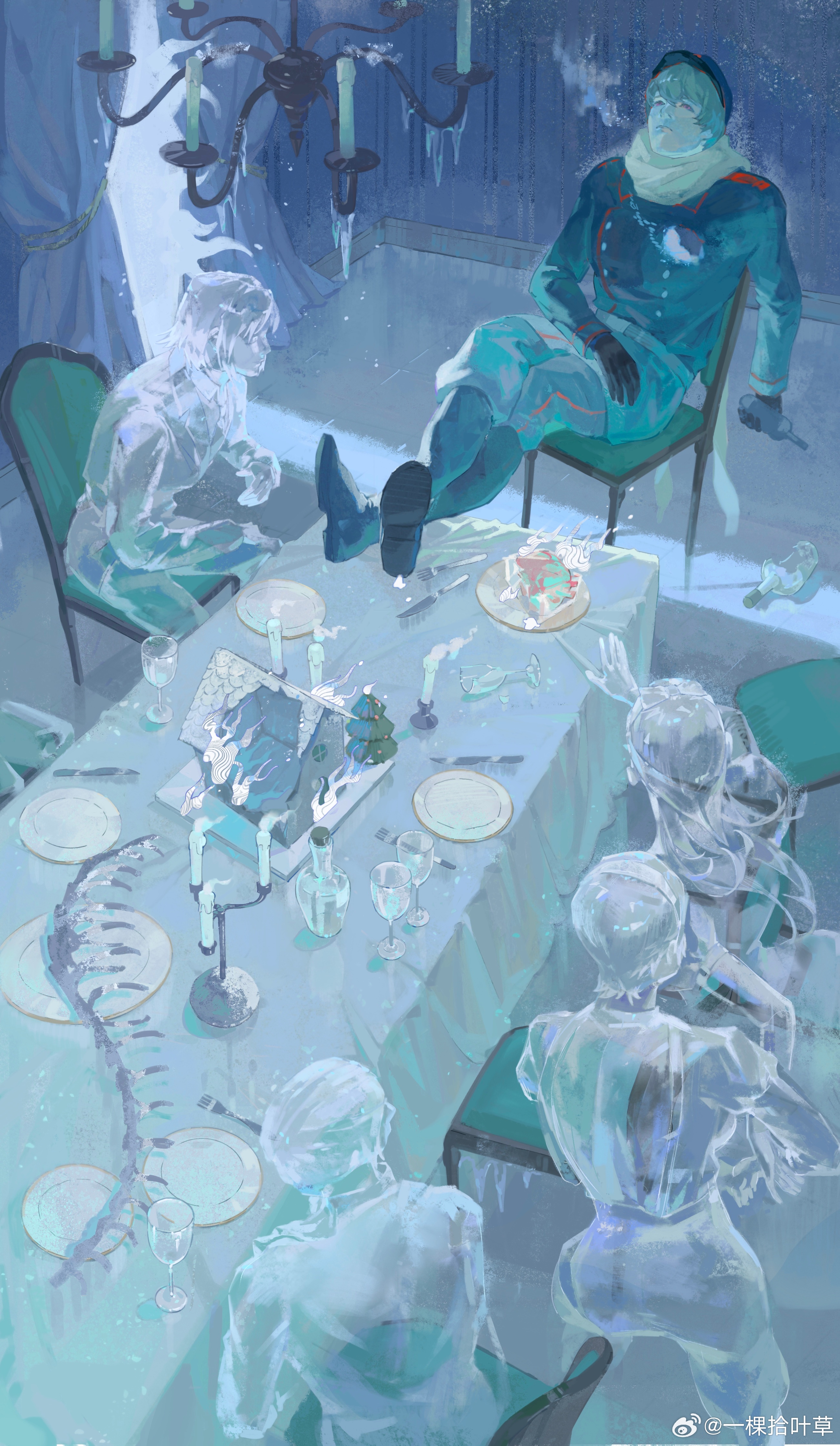 2girls 3boys absurdres axis_powers_hetalia belarus_(hetalia) boots bottle candle character_request coat cup ghost grey_hair hat highres holding holding_bottle indoors lithuania_(hetalia) long_sleeves multiple_boys multiple_girls on_chair pants plate purple_eyes russia_(hetalia) scarf short_hair sitting table transparent ukraine_(hetalia) yi_ke_shi_ye_cao