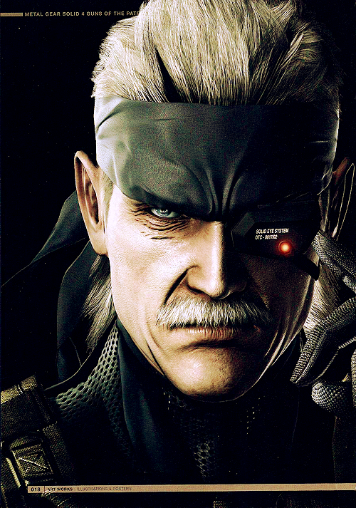 1boy 3d bandana blue_eyes facial_hair gloves grey_hair metal_gear_(series) metal_gear_solid_4:_guns_of_the_patriots mullet mustache old_snake realistic solid_eye solid_snake