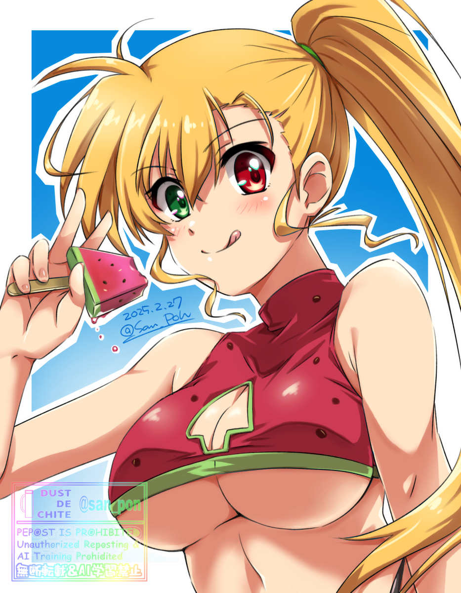 1girl bare_shoulders blonde_hair blue_background blush border breasts cleavage cleavage_cutout closed_mouth clothing_cutout crop_top food gradient_background green_eyes heterochromia highres holding holding_food holding_popsicle large_breasts long_hair looking_at_viewer lyrical_nanoha outside_border popsicle red_eyes san-pon side_ponytail smile solo underboob upper_body v vivio watermelon_bar white_border
