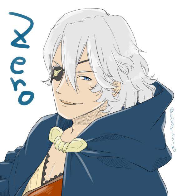 1boy blue_eyes blue_hood eyepatch fire_emblem fire_emblem_fates hood hood_down ichino_tomizuki looking_at_viewer male_focus niles_(fire_emblem) nintendo solo white_hair