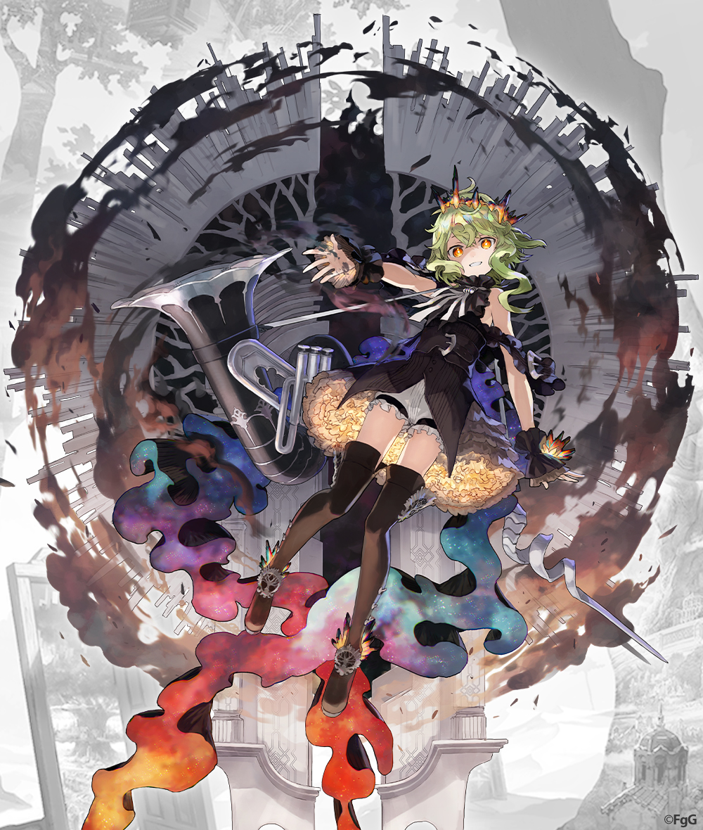 1girl bare_shoulders black_dress boots brown_boots commentary_request company_name crossed_bangs dress floating floating_object full_body gjallarhorn_(phantom_of_the_kill) green_hair hair_between_eyes instrument looking_at_viewer official_art orange_eyes outstretched_arm parted_lips phantom_of_the_kill second-party_source shorts sidelocks solo thigh_boots watarubou white_shorts