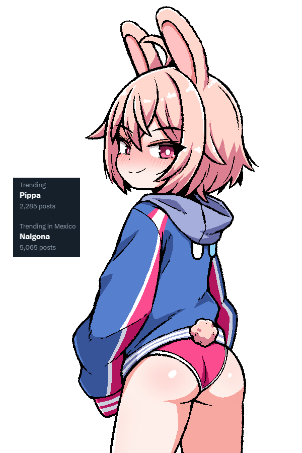 1girl ahoge animal_ears ass blue_hoodie blush bright_pupils closed_mouth commentary cowboy_shot dot_nose double_horizontal_stripe english_commentary english_text from_behind hair_between_eyes hood hood_down hoodie ink_(inksgirls) looking_at_viewer looking_back medium_hair multicolored_hoodie panties phase_connect pink_eyes pink_hair pink_hoodie pink_panties pipkin_pippa rabbit_ears rabbit_girl rabbit_tail simple_background sleeves_past_fingers sleeves_past_wrists smile solo spanish_text split_mouth straight_hair tail twitter_screenshot underwear wedgie white_background white_hoodie white_pupils
