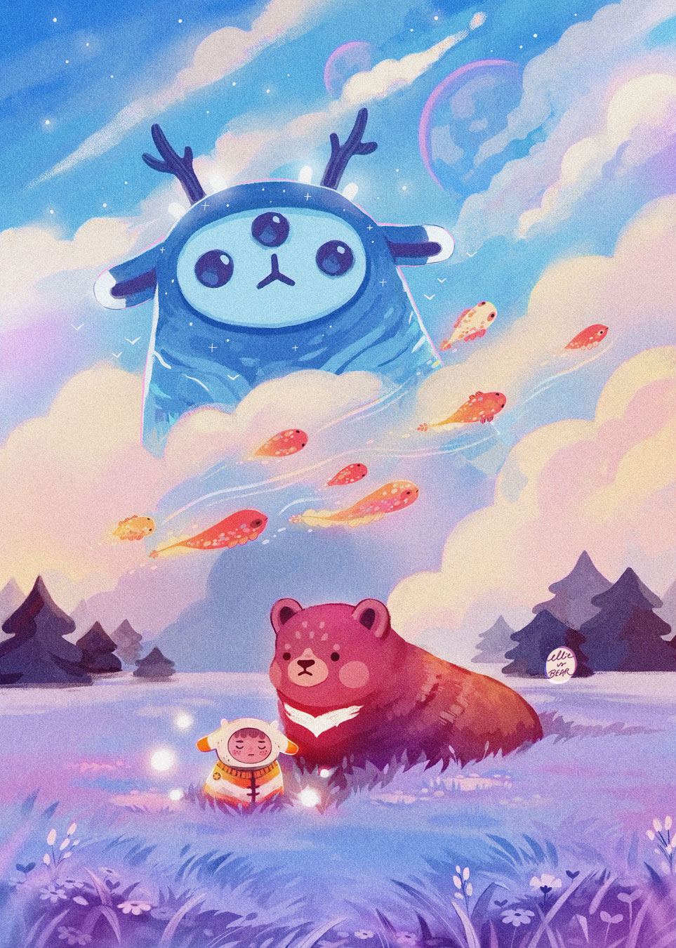 animal_ears antlers artist_name bear closed_eyes cloud cloudy_sky colorful commentary ellievsbear english_commentary fish flower flying_fish glowing grass highres horns monster nature on_grass original outdoors pastel_colors pine_tree planet plant signature sky solid_circle_eyes tree